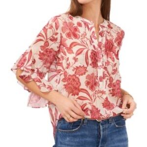 Vince Camuto Red Flutter Sleeve Blouse with Mandarin Collar